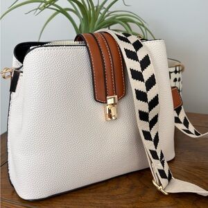 Elegant White and Brown Shoulder Bag with geometric strap